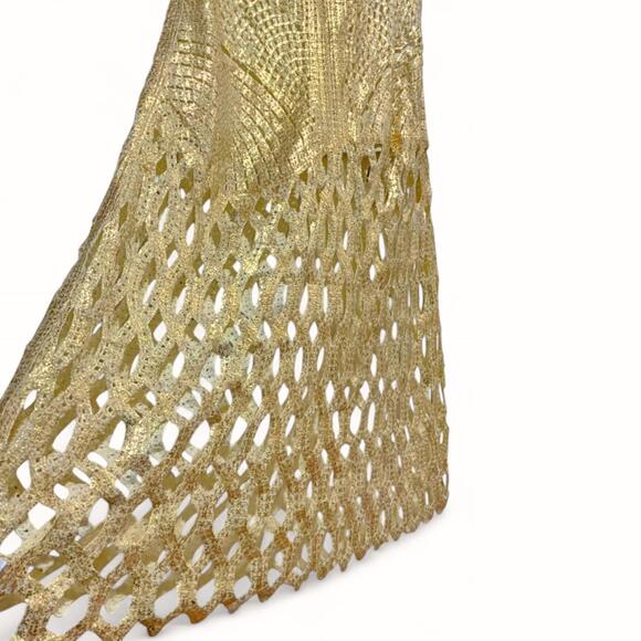NWT Elegant Euro | SZ S | Knotted Crochet Lace Gold Metallic A-Line Maxi Skirt - Picture 7 of 11